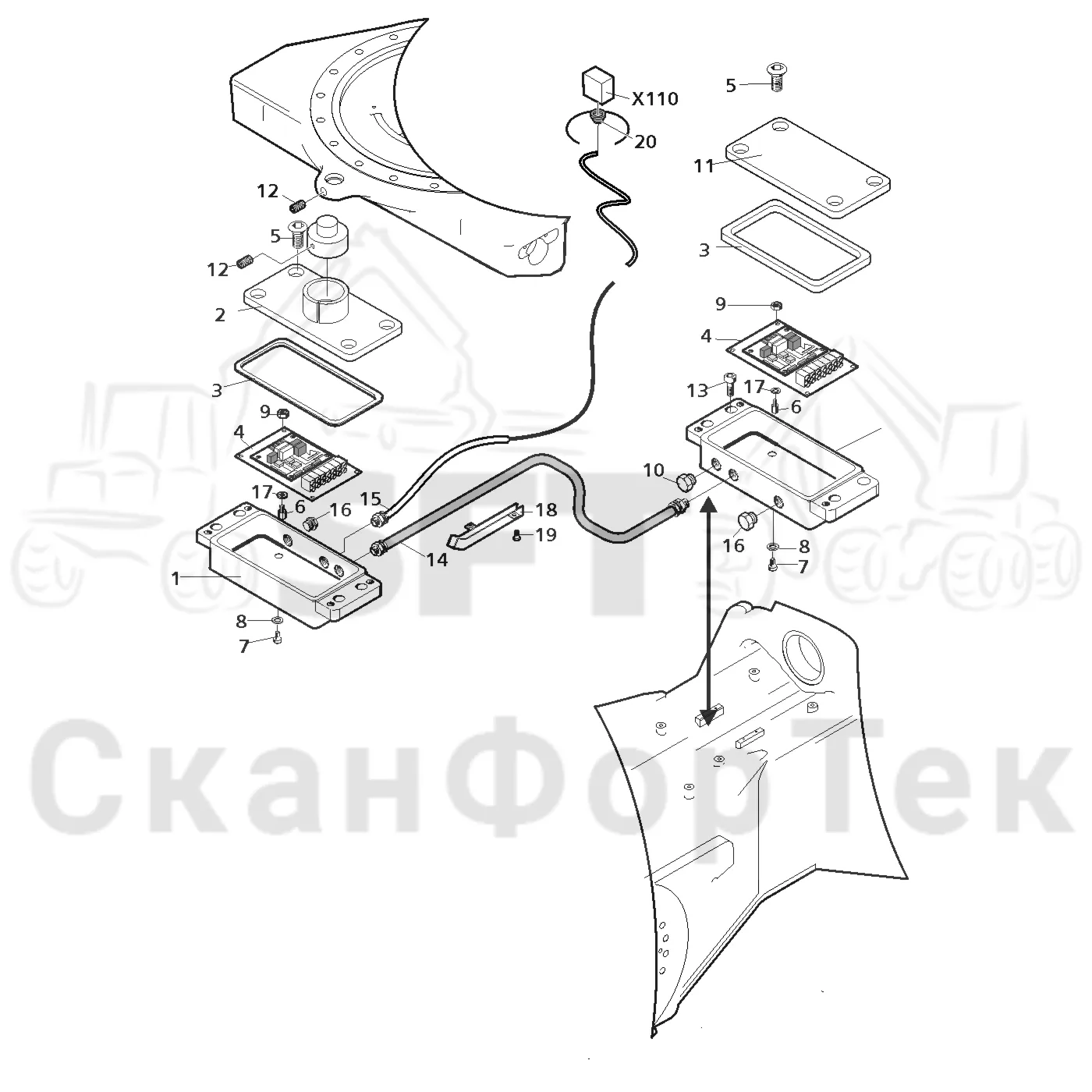 Схема: Valmet / Лесозаготовительные машины / Valmet 941 / Valmet 941 Ch -12070 / Valmet 941 Ch -12070 / Каталог запасных частей / шасси / Автовыравнивание / Датчик автовыравнивания, кабина-11980