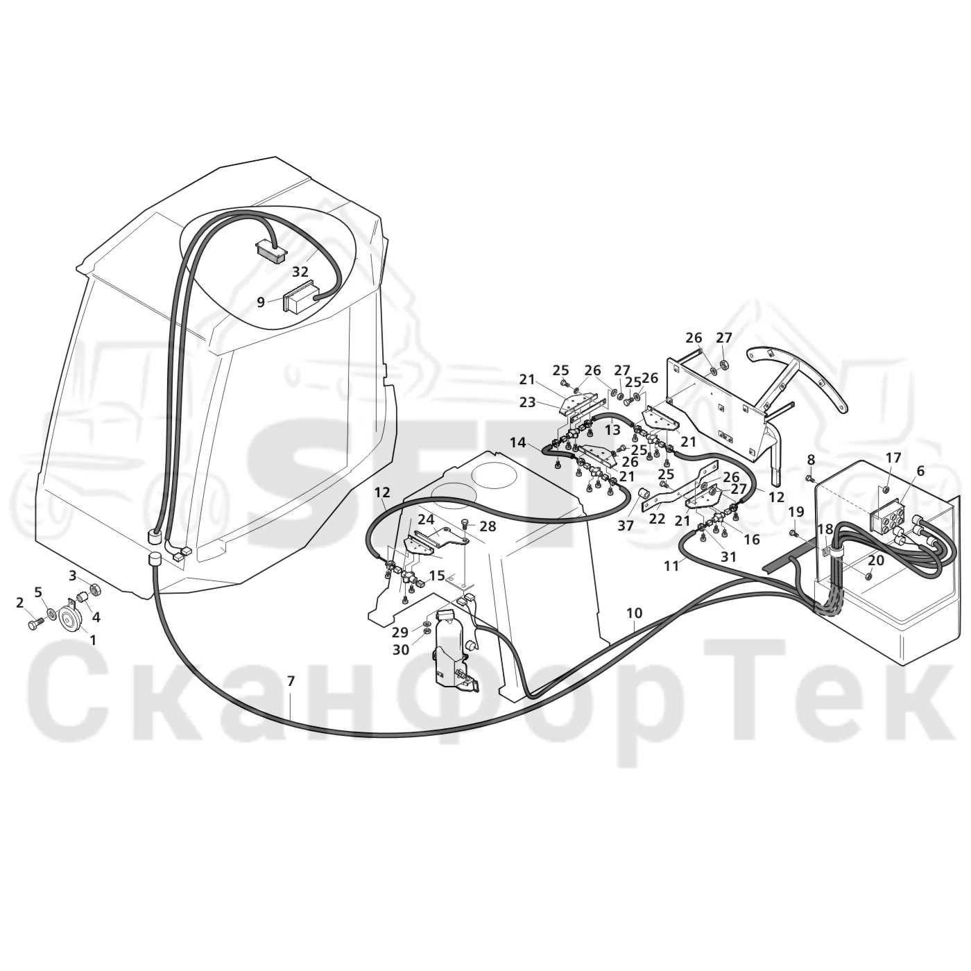 Схема: Valmet / Лесозаготовительные машины / Valmet 941 / Valmet 941 Ch -12070 / Valmet 941 Ch -12070 / Каталог запасных частей / шасси / Пожаротушение / Комплект электрооборудования пожаротушения