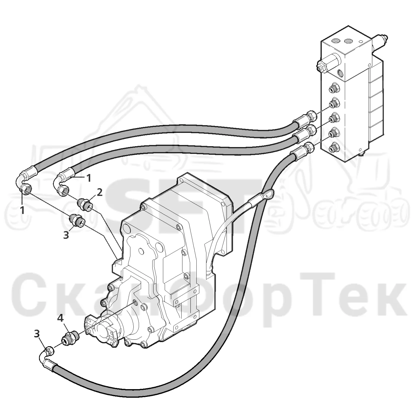 Схема: Valmet / Лесозаготовительные машины / Valmet 941 / Valmet 941 Ch -12070 / Valmet 941 Ch -12070 / Каталог запасных частей / Коробка передач / Редуктор / Гидравлическое оборудование переключения повышающей-понижающей передачи с полным приводом на 2-6 колес