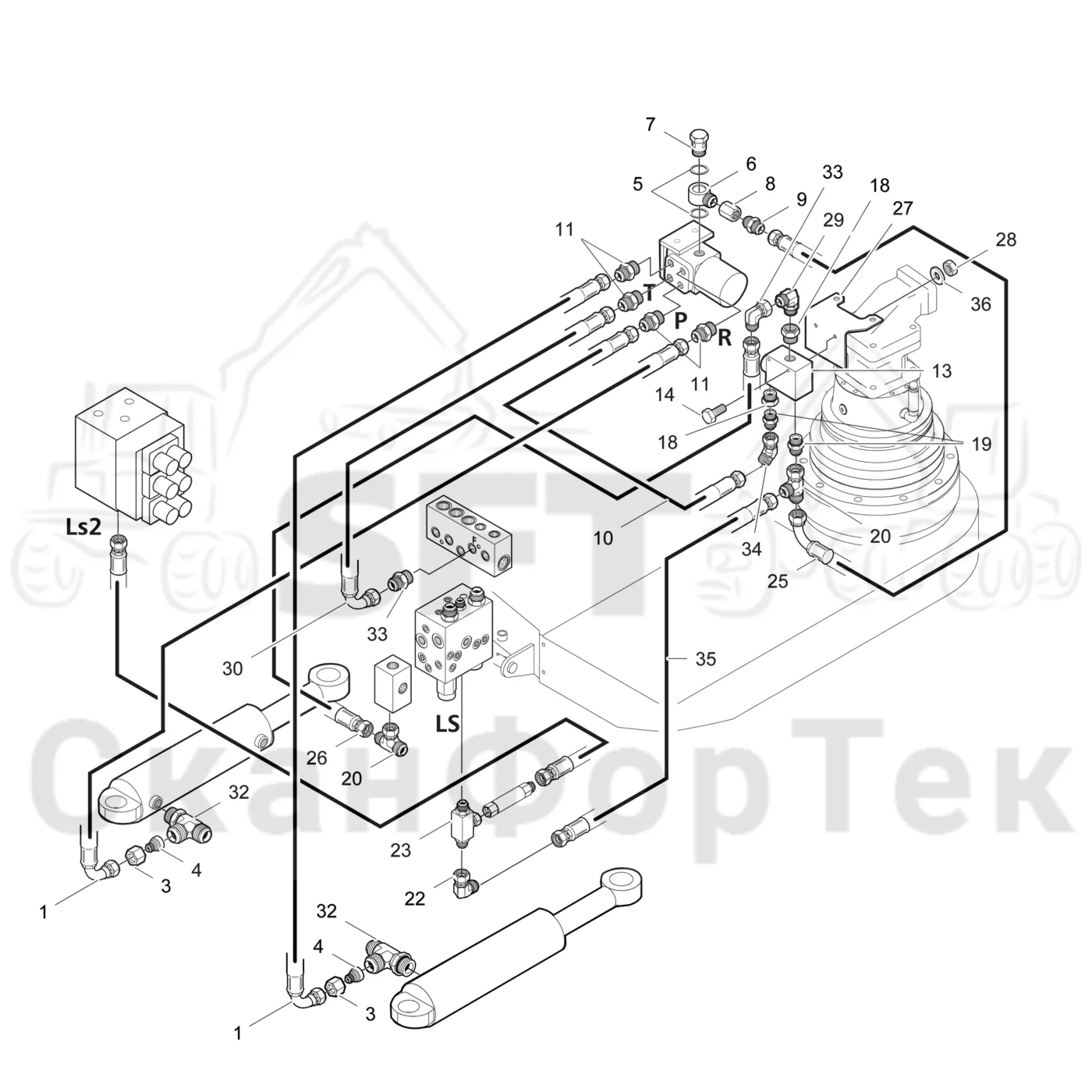 Схема: Valmet / Лесозаготовительные машины / Valmet 941 / Valmet 941 Ch 12071- / Valmet 941 Ch 12071- / Каталог запасных частей / Рулевое управление / Рулевое управление Orbitrol / Гидравлическое оборудование рулевого управления Orbitrol