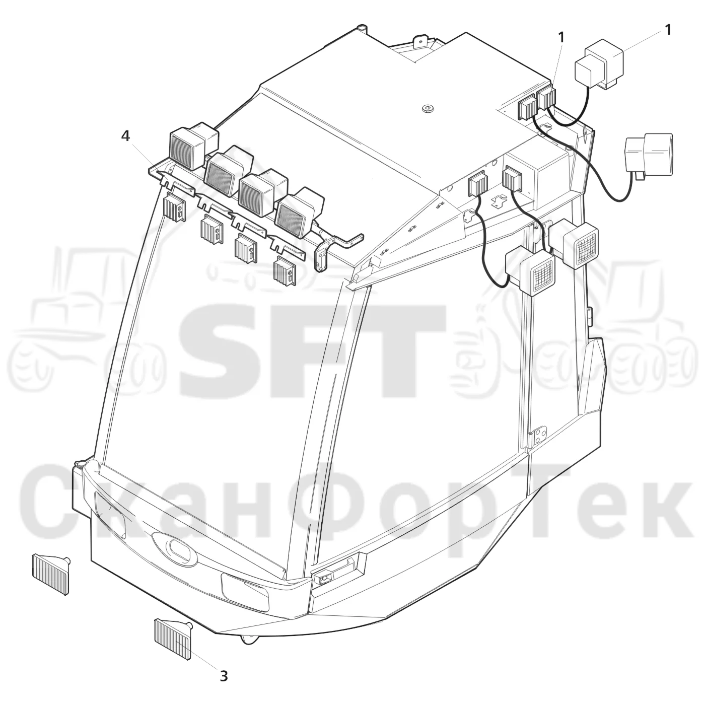 Схема: Valmet / Лесозаготовительные машины / Valmet 941 / Valmet 941 Ch -12070 / Valmet 941 Ch -12070 / Каталог запасных частей / Кабина / Кабина / Рабочие лампы, ксеноновые