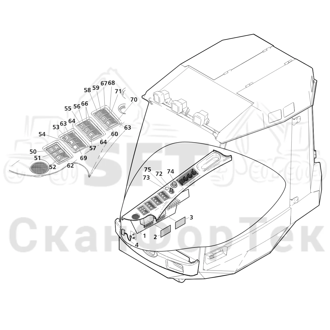 Схема: Valmet / Лесозаготовительные машины / Valmet 941 / Valmet 941 Ch -12070 / Valmet 941 Ch -12070 / Каталог запасных частей / Кабина / Салон / Приборная панель