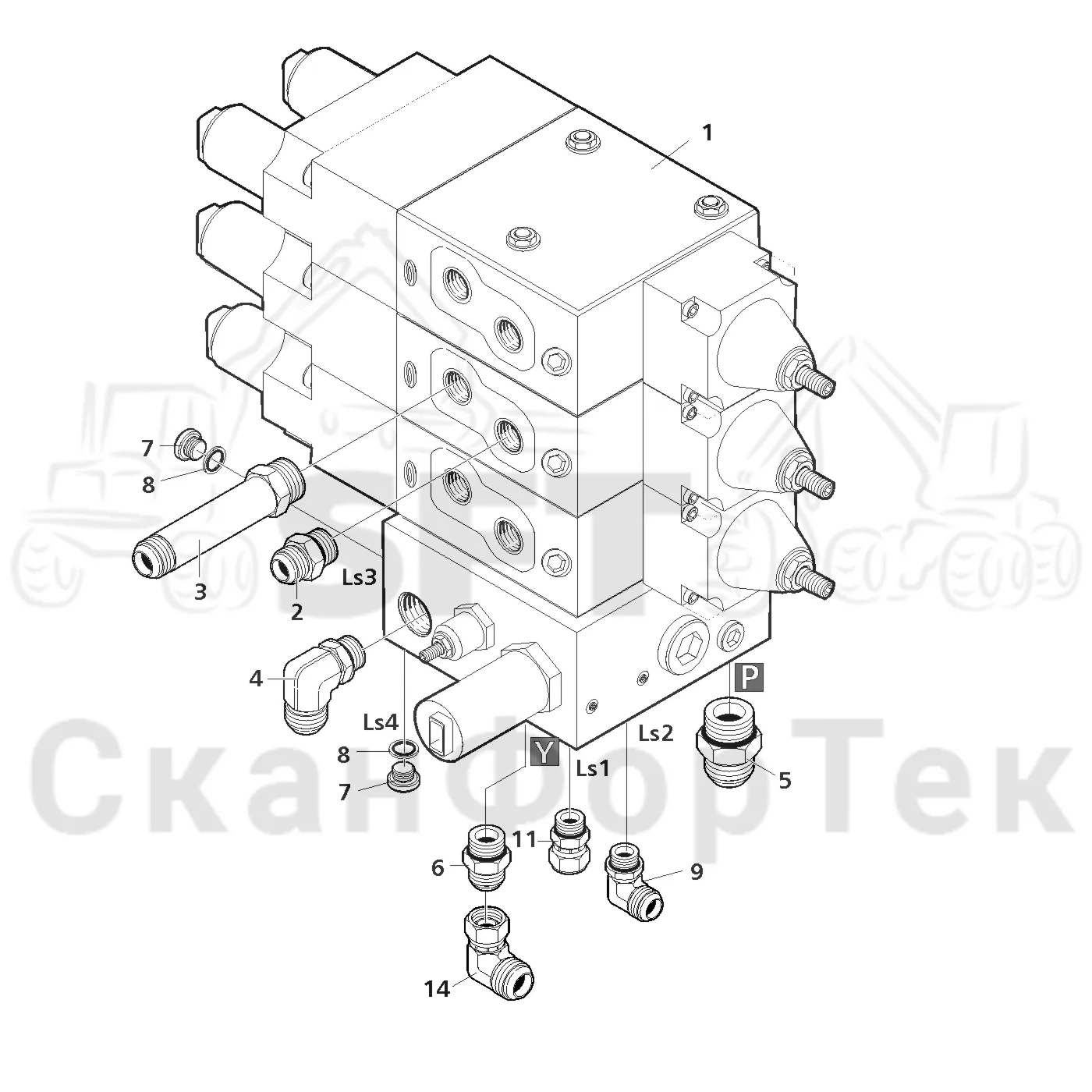 Схема: Valmet / Лесозаготовительные машины / Valmet 941 / Valmet 941 Ch 12071- / Valmet 941 Ch 12071- / Каталог запасных частей / Гидравлика / Клапан шасси / Клапан шасси