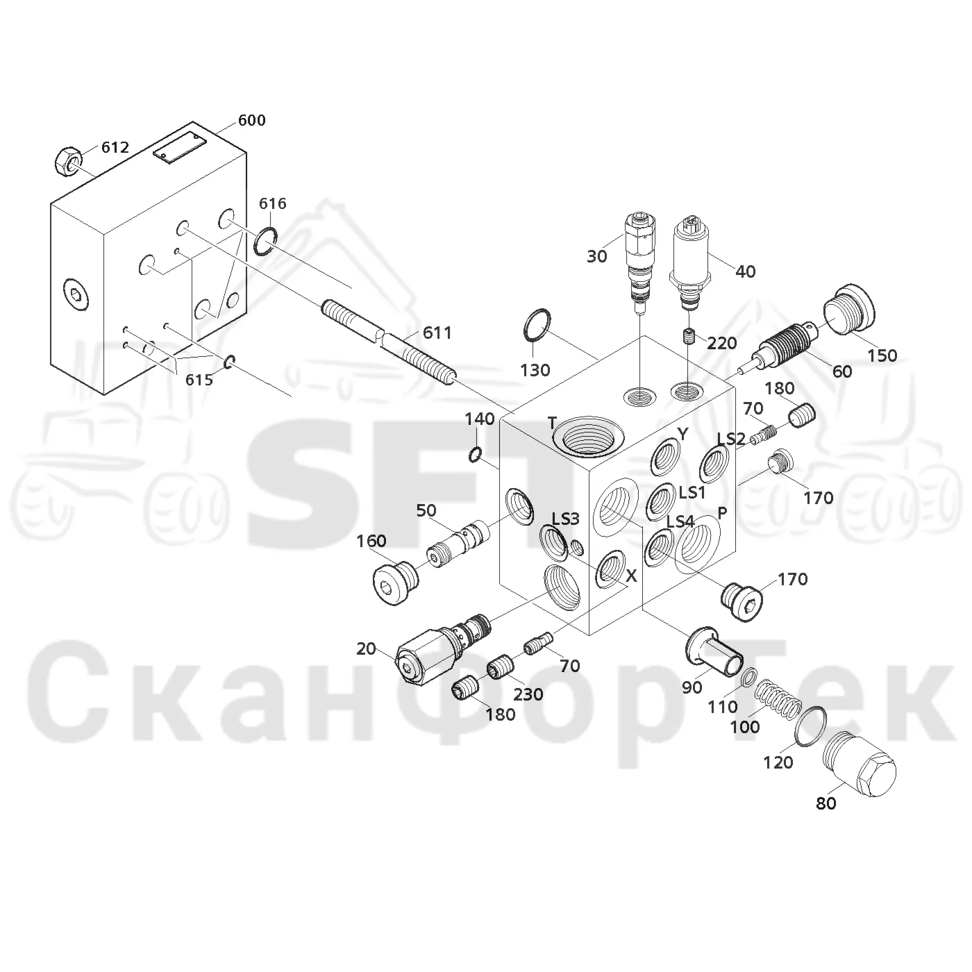 Схема: Valmet / Лесозаготовительные машины / Valmet 941 / Valmet 941 Ch -12070 / Valmet 941 Ch -12070 / Каталог запасных частей / Гидравлика / Клапан шасси / Inlet-Outlet-End section