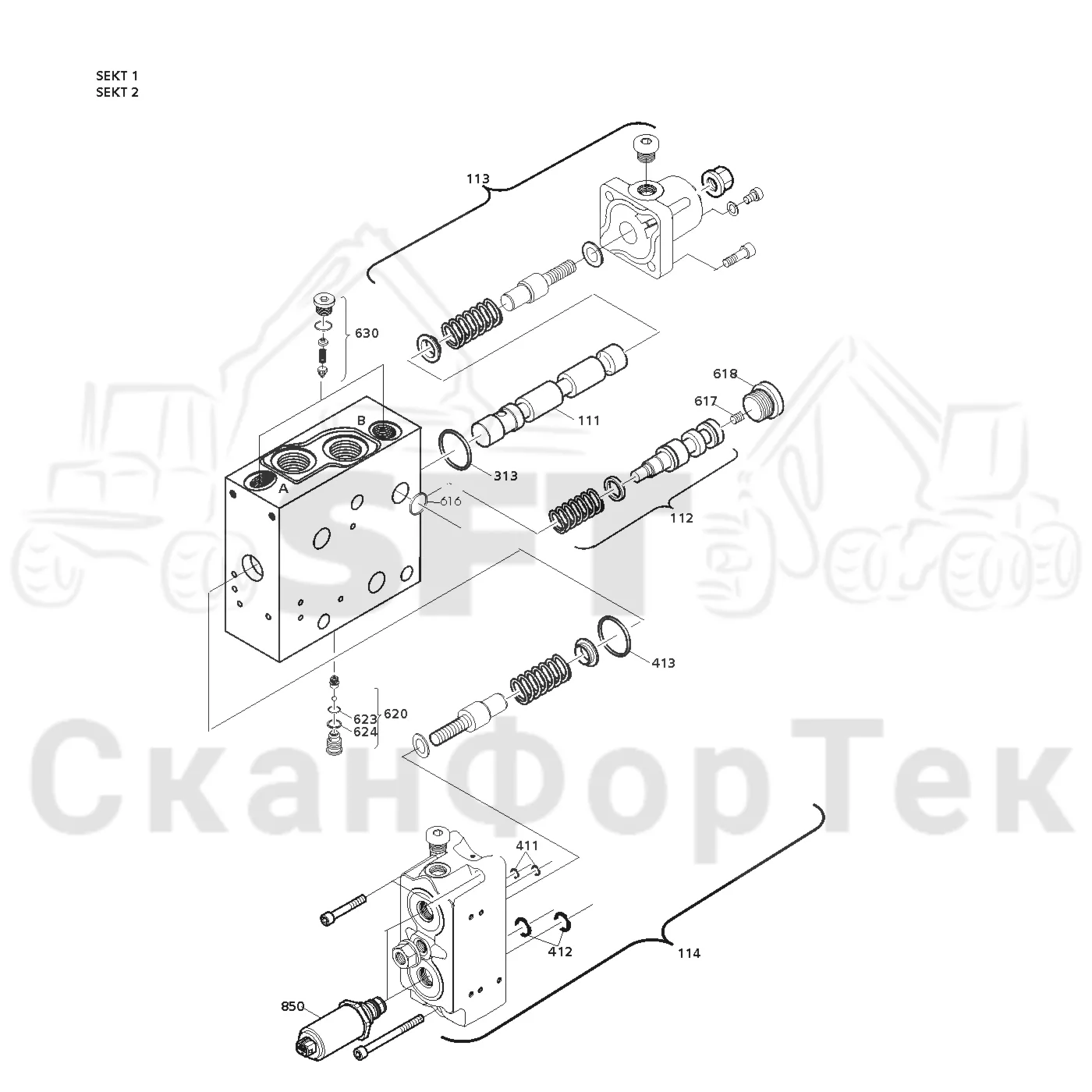 Схема: Valmet / Лесозаготовительные машины / Valmet 941 / Valmet 941 Ch -12070 / Valmet 941 Ch -12070 / Каталог запасных частей / Гидравлика / Клапан шасси / Секция 1 & 2 клапана  Запчасть