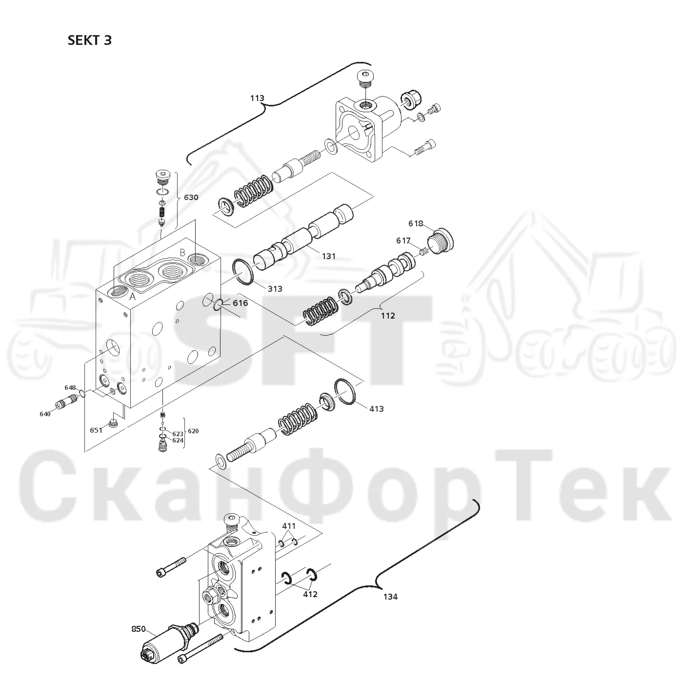 Схема: Valmet / Лесозаготовительные машины / Valmet 941 / Valmet 941 Ch -12070 / Valmet 941 Ch -12070 / Каталог запасных частей / Гидравлика / Клапан шасси / Секция3 клапана Запчасть