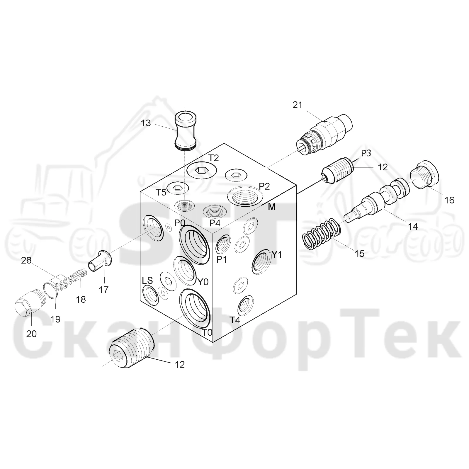 Схема: Valmet / Лесозаготовительные машины / Valmet 941 / Valmet 941 Ch -12070 / Valmet 941 Ch -12070 / Каталог запасных частей / Гидравлика / Клапан подъемного крана / Входной-выходной клапан