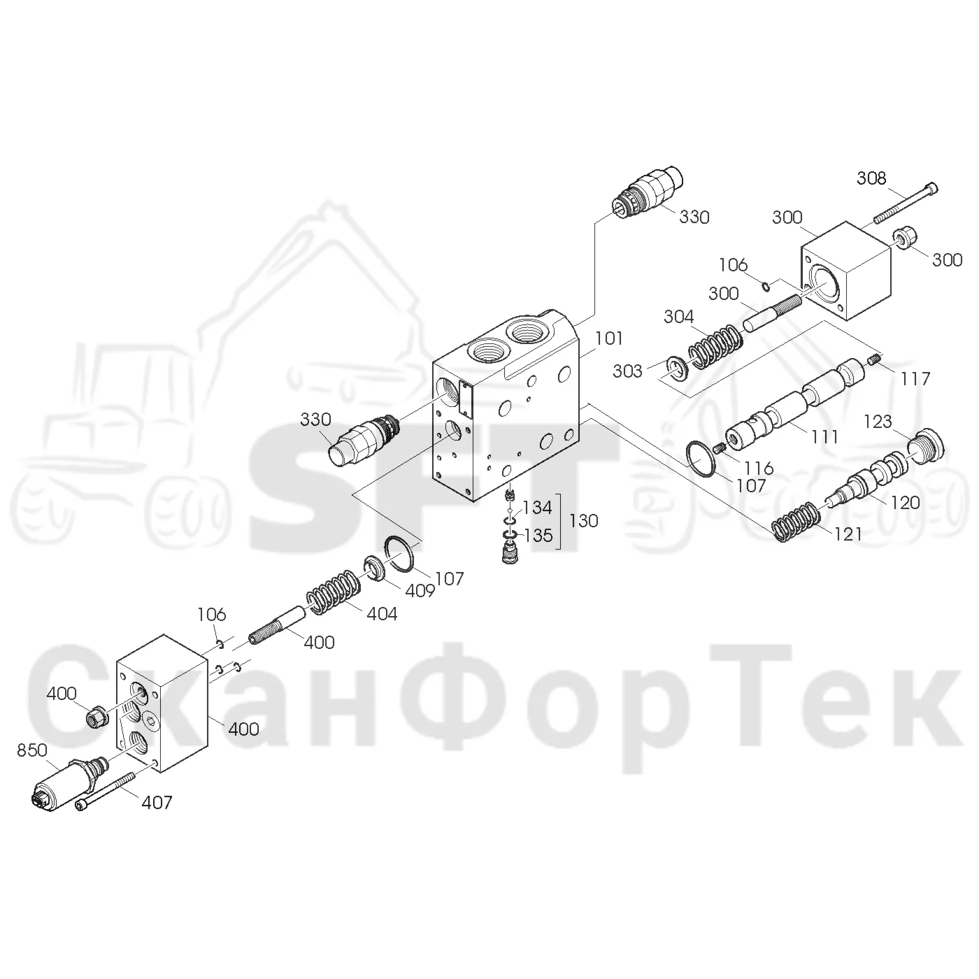 Схема: Valmet / Лесозаготовительные машины / Valmet 941 / Valmet 941 Ch -12070 / Valmet 941 Ch -12070 / Каталог запасных частей / Гидравлика / Клапан подъемного крана / Секция клапана 1
