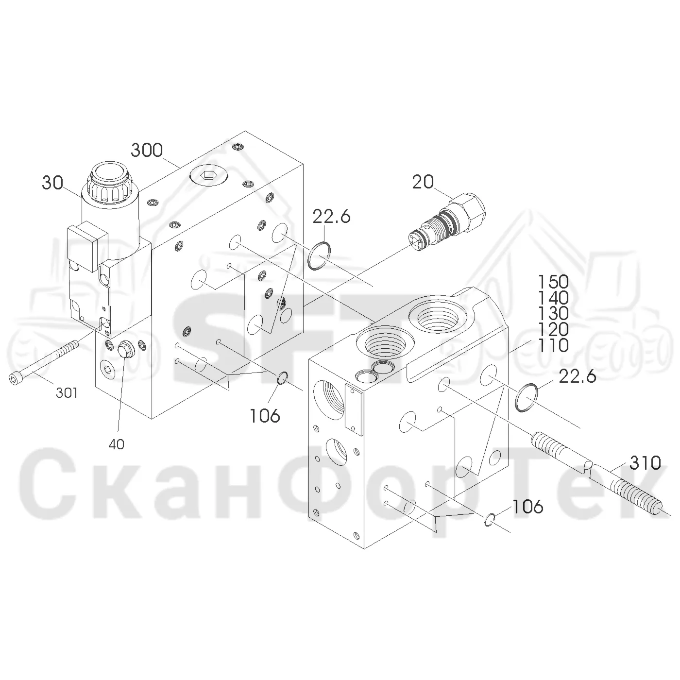 Схема: Valmet / Лесозаготовительные машины / Valmet 941 / Valmet 941 Ch -12070 / Valmet 941 Ch -12070 / Каталог запасных частей / Гидравлика / Клапан подъемного крана / Торцевая секция