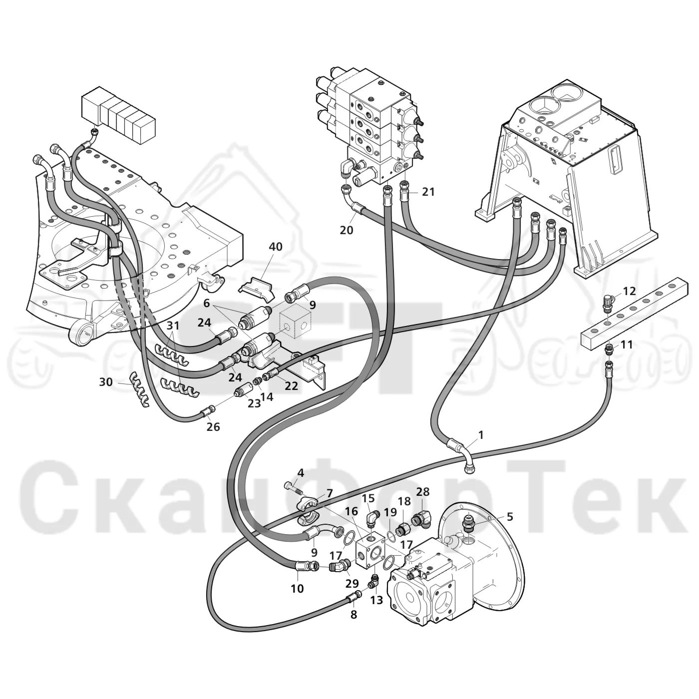 Схема: Valmet / Лесозаготовительные машины / Valmet 941 / Valmet 941 Ch 12071- / Valmet 941 Ch 12071- / Каталог запасных частей / Гидравлика / Клапан подъемного крана / Система впуска-выпуска