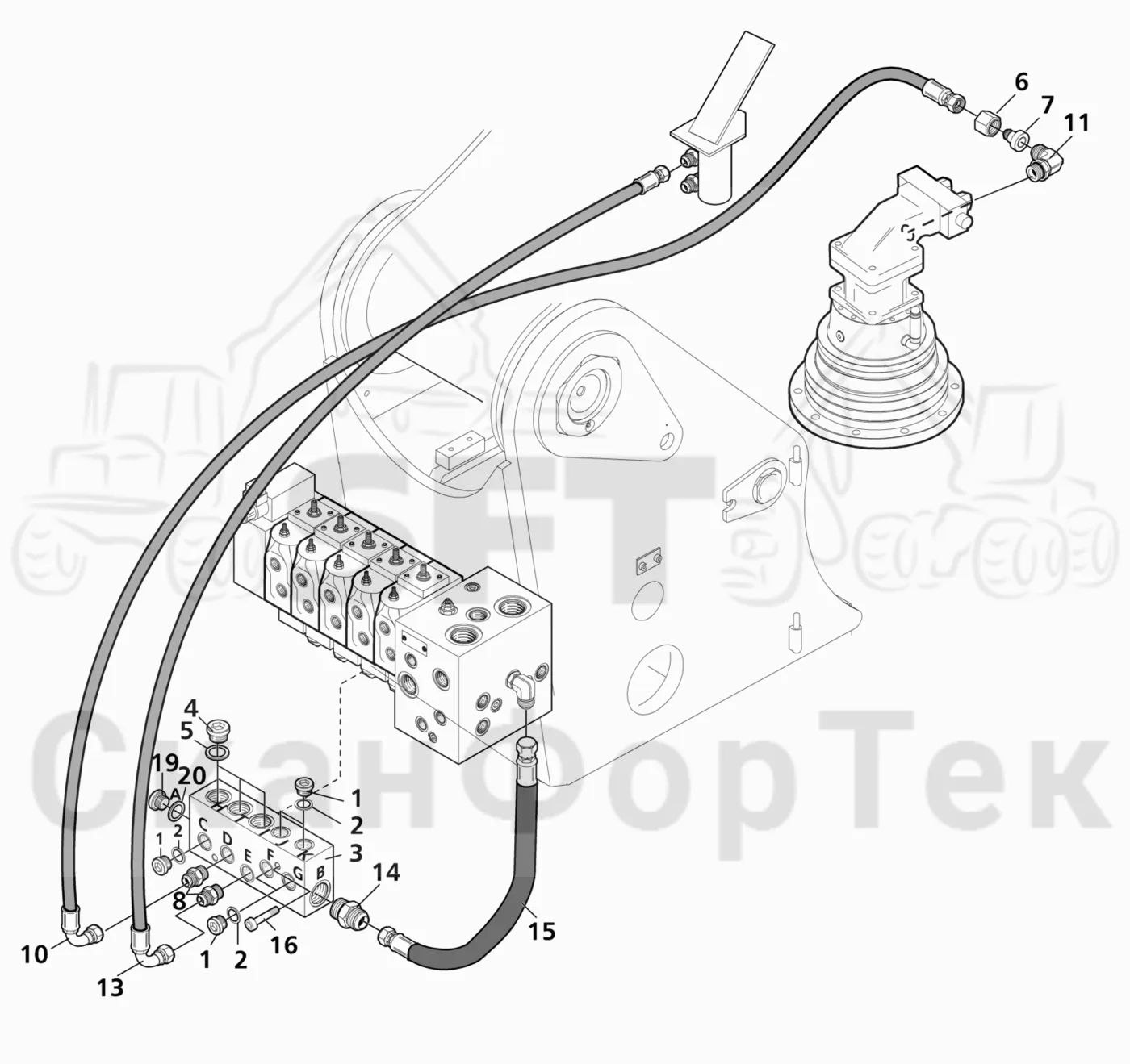 Схема: Valmet / Лесозаготовительные машины / Valmet 941 / Valmet 941 Ch -12070 / Valmet 941 Ch -12070 / Каталог запасных частей / Гидравлика / Клапан подъемного крана / Дренаж