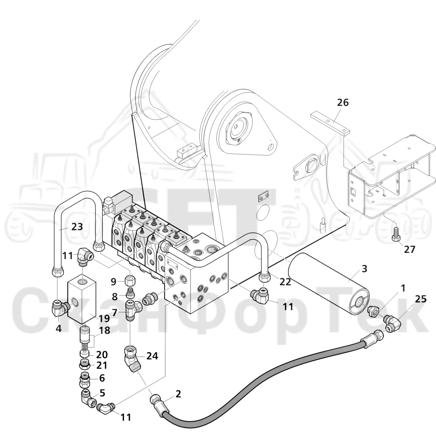 Схема: Valmet / Лесозаготовительные машины / Valmet 941 / Valmet 941 Ch -12070 / Valmet 941 Ch -12070 / Каталог запасных частей / Гидравлика / Клапан подъемного крана / Аккумуляторная батарея