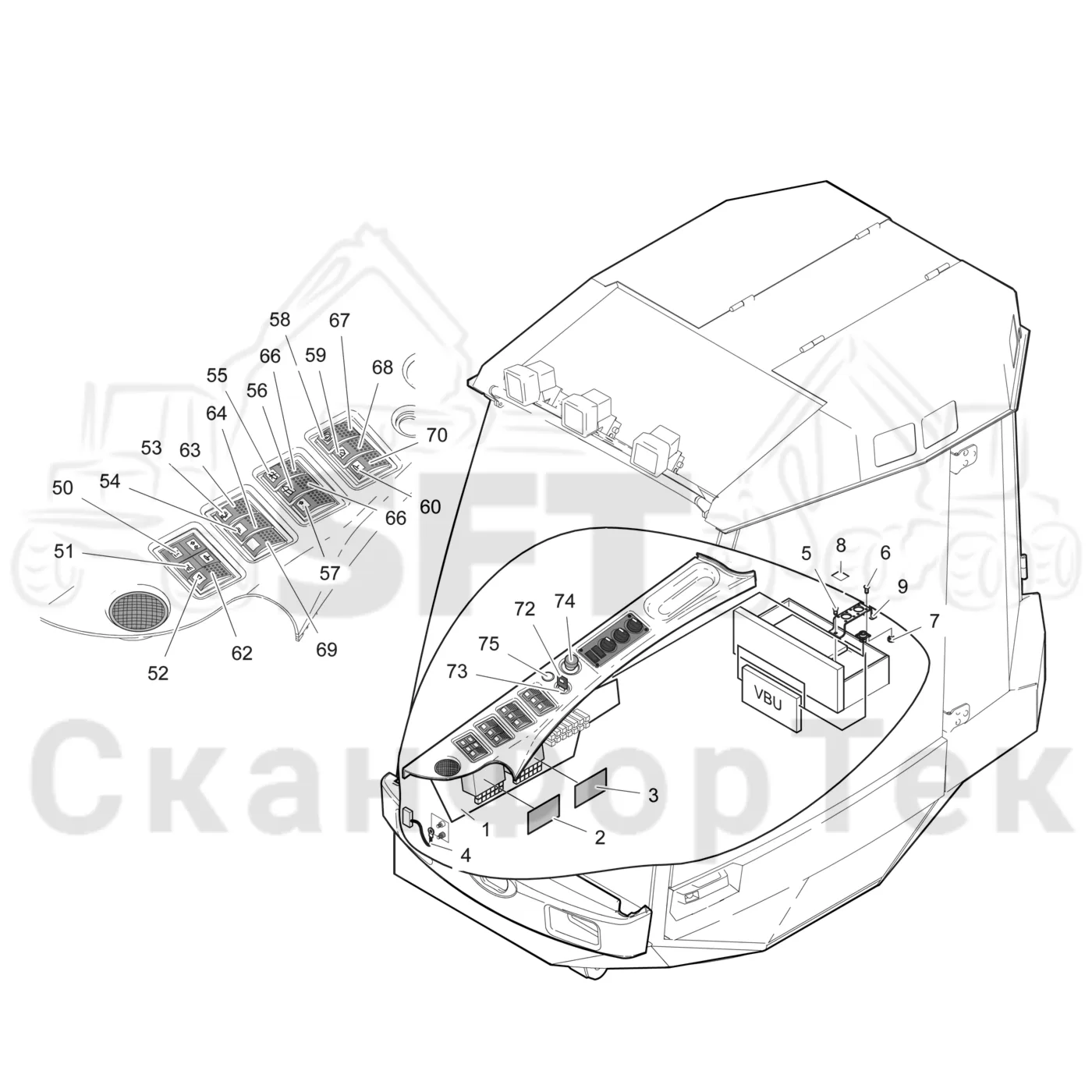 Схема: Valmet / Лесозаготовительные машины / Valmet 941 / Valmet 941 Ch 12071- / Valmet 941 Ch 12071- / Каталог запасных частей / Кабина / Салон / Приборная панель