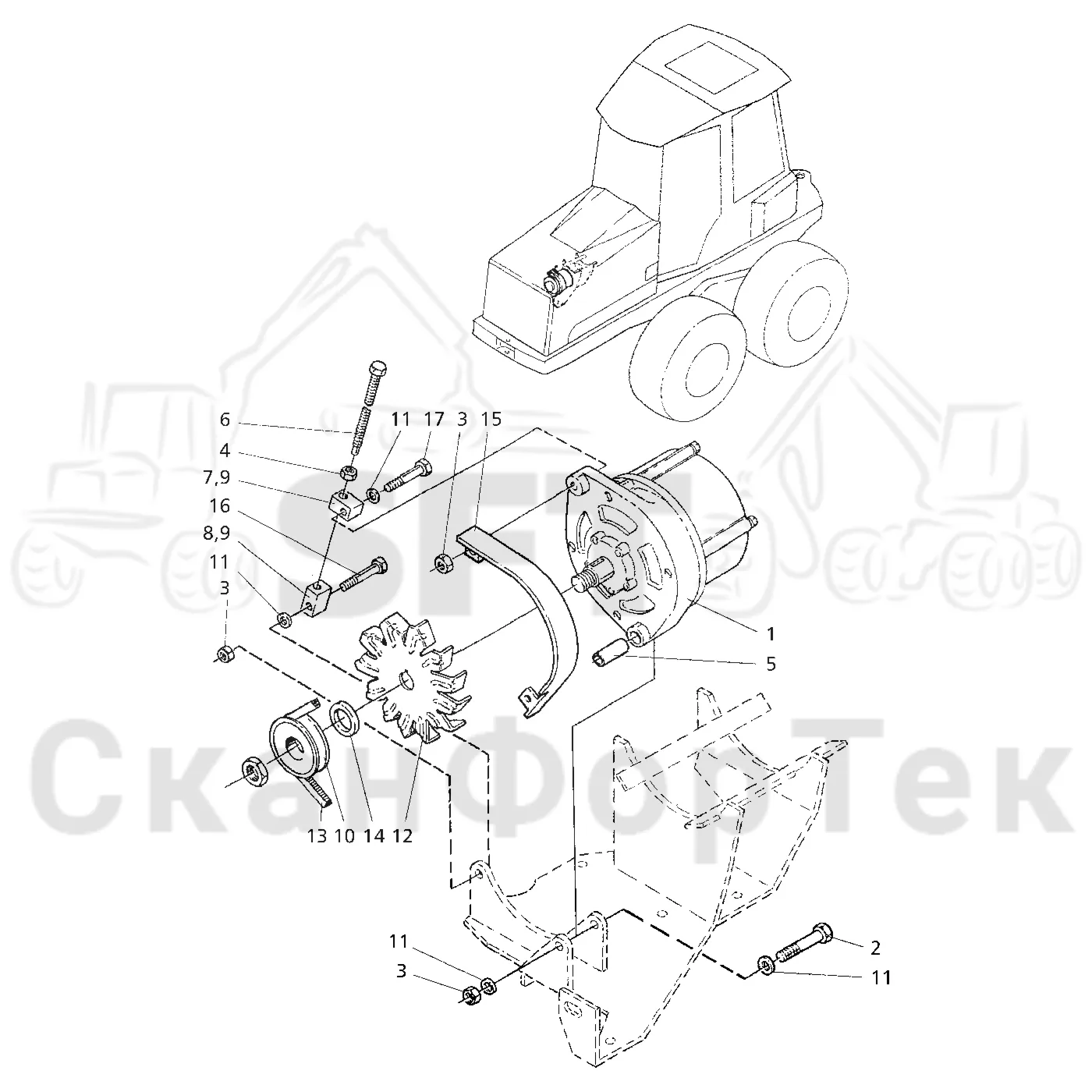 Схема: Valmet / Форвардер / Valmet 840.2 / Valmet 840.2 Ch. -211120 / Valmet 840.2 Ch. -211120 / Каталог запасных частей / Двигатель / Генератор переменного тока / Генератор переменного тока верхний