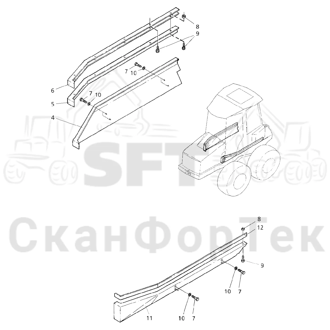 Схема: Valmet / Форвардер / Valmet 840.2 / Valmet 840.2 Ch. -211120 / Valmet 840.2 Ch. -211120 / Каталог запасных частей / шасси / Капоты и крышки / Защитные крышки под кабиной 211071-
