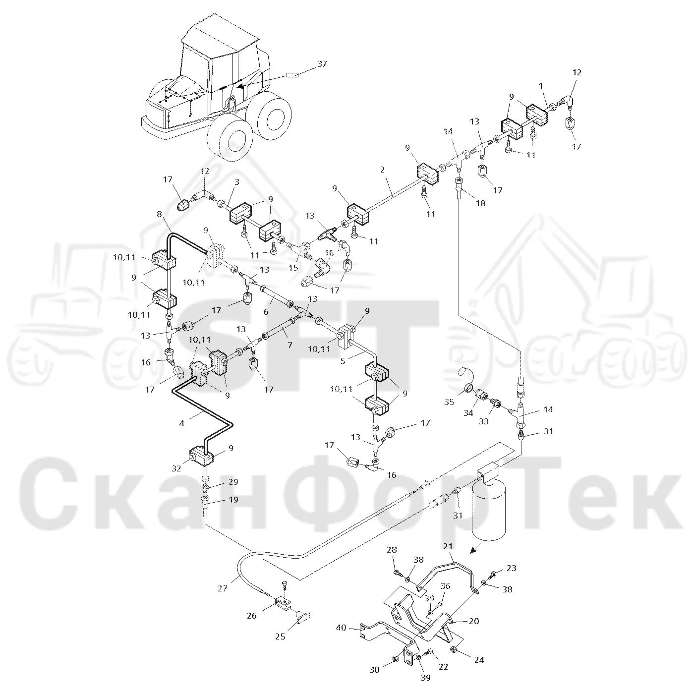 Схема: Valmet / Форвардер / Valmet 840.2 / Valmet 840.2 Ch. 211121- / Valmet 840.2 Ch. 211121- / Каталог запасных частей / шасси / Пожаротушение / Трубопровод пожаротушения