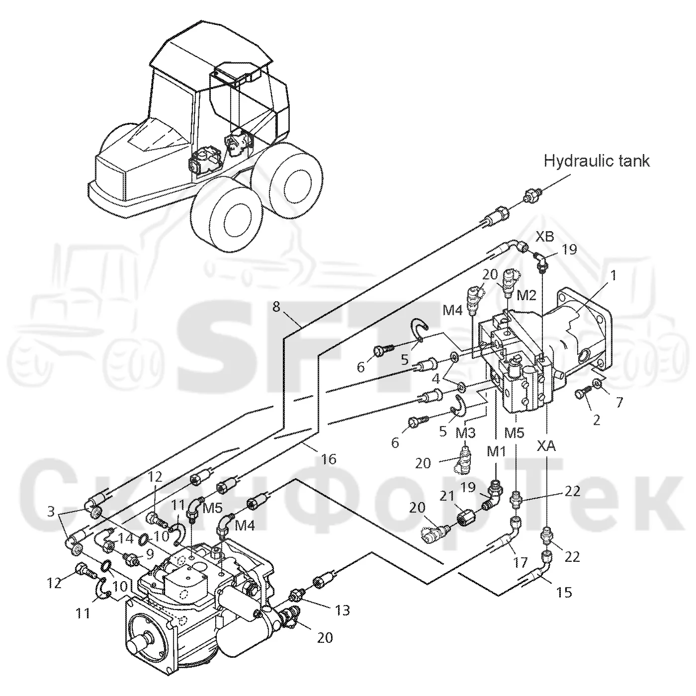 Схема: Valmet / Форвардер / Valmet 840.2 / Valmet 840.2  Ch. 211121- / Valmet 840.2  Ch. 211121- / Каталог запасных частей / Коробка передач / Оборудование гидростатики / Подвод гидростатического шланга