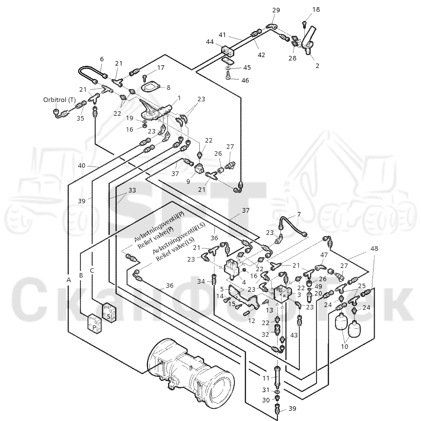 Схема: Valmet / Форвардер / Valmet 840.2 / Valmet 840.2  Ch. 211121- / Valmet 840.2  Ch. 211121- / Каталог запасных частей / Тормоза / Тормоза на 8 колес / Тормозная система