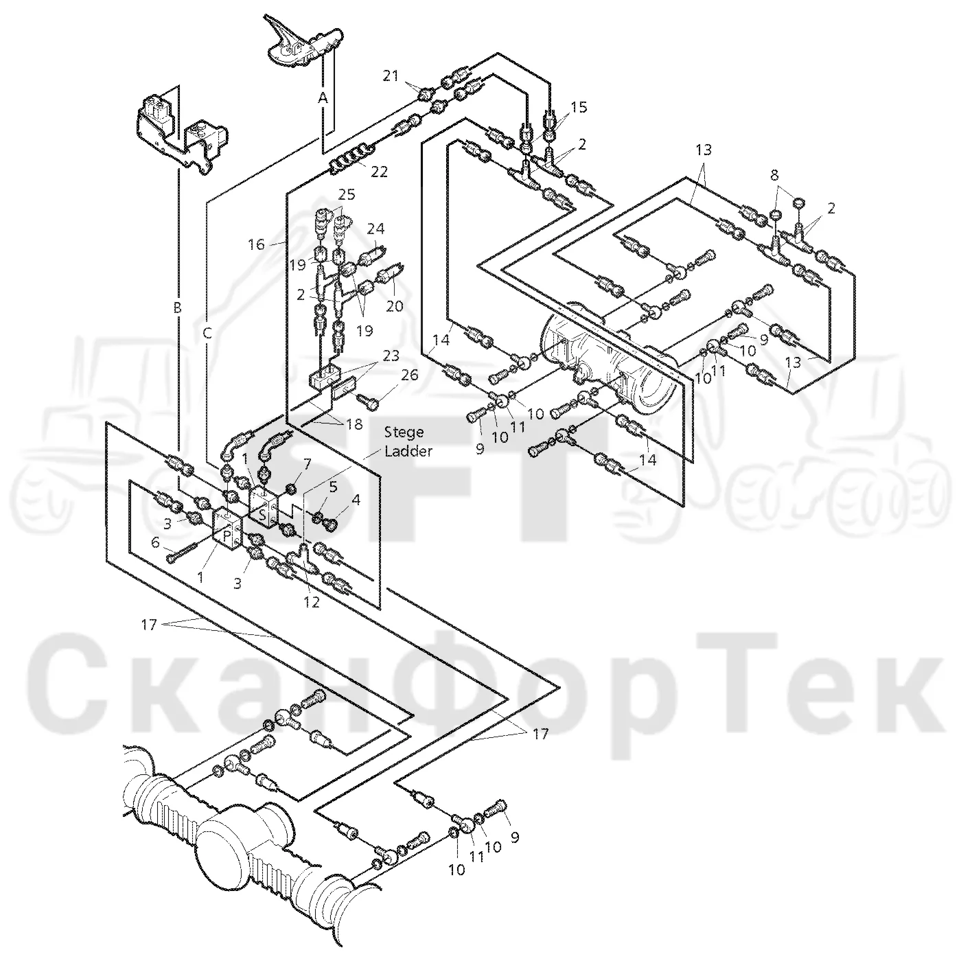 Схема: Valmet / Форвардер / Valmet 840.2 / Valmet 840.2  Ch. 211121- / Valmet 840.2  Ch. 211121- / Каталог запасных частей / Тормоза / Тормоза на 6 колес / Тормозная система