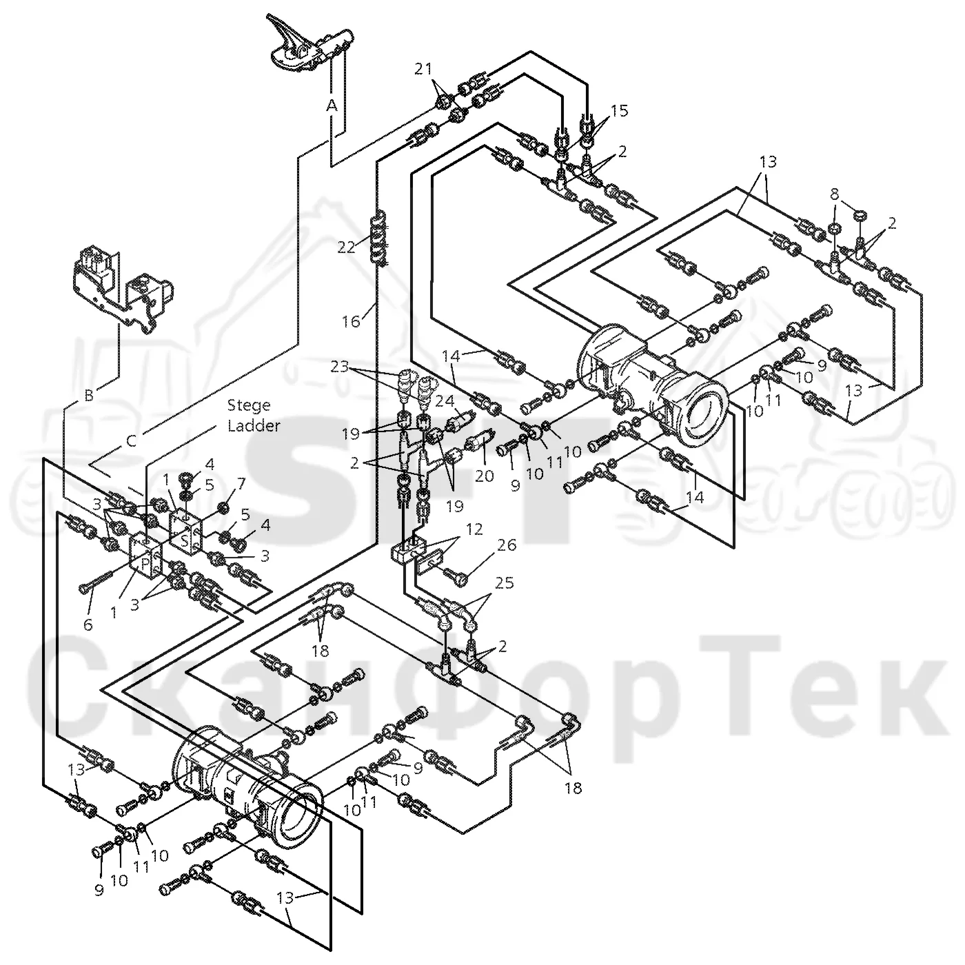 Схема: Valmet / Форвардер / Valmet 840.2 / Valmet 840.2 Ch. 211121- / Valmet 840.2 Ch. 211121- / Каталог запасных частей / Тормоза / Тормоза на 8 колес / Тормозная система