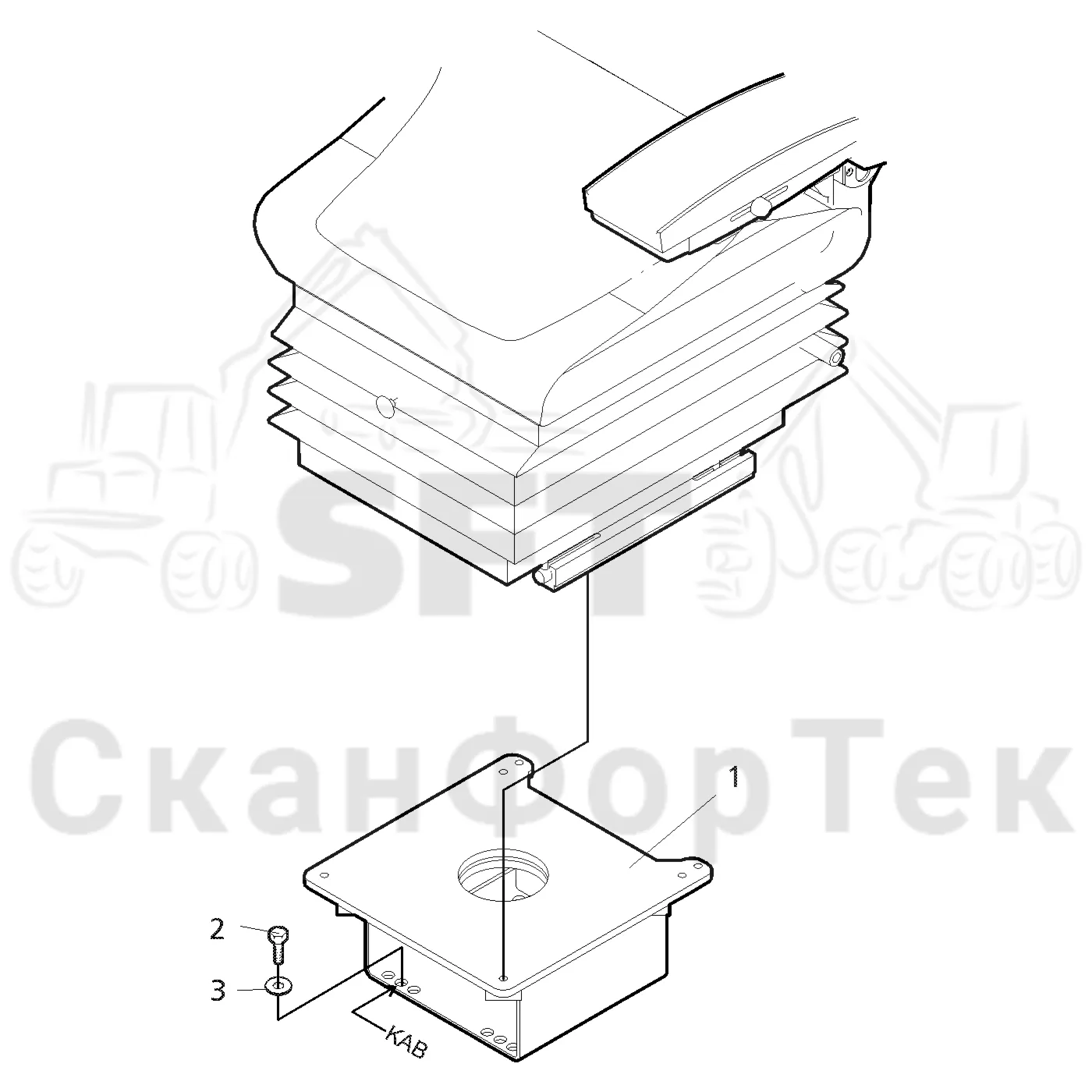 Схема: Valmet / Форвардер / Valmet 890.1 / Valmet 890.1 Ch. -117350, -119440 / Valmet 890.1 Ch. -117350, -11 / Каталог запасных частей / Кабина / Сиденья / Стойка сиденья