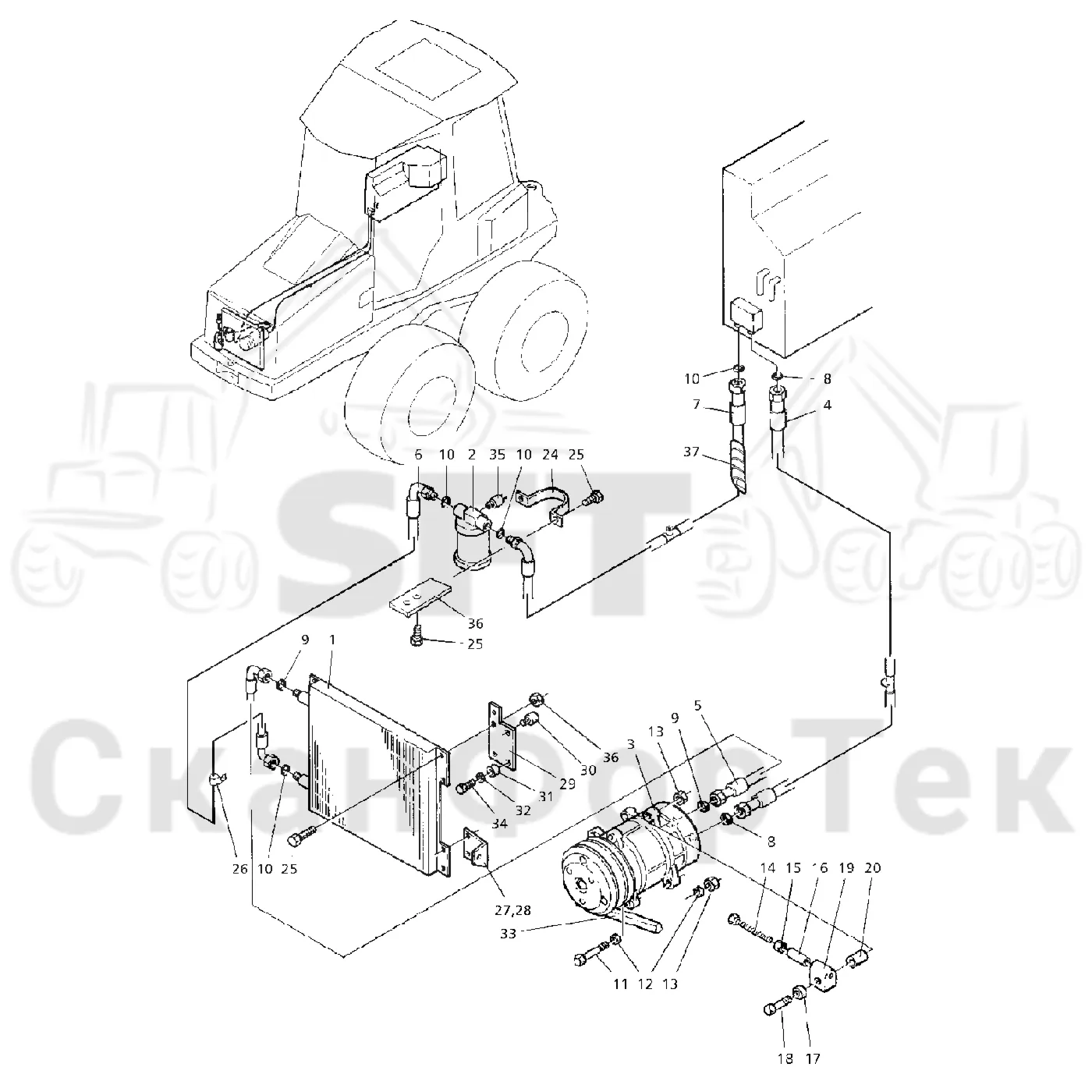 Схема: Valmet / Форвардер / Valmet 860.1 / Valmet 860.1 Ch. -115420 / Valmet 860.1 Ch. -115420 / Каталог запасных частей / Кабина / Система обогрева и охлаждения / Агрегат кондиционирования воздуха
