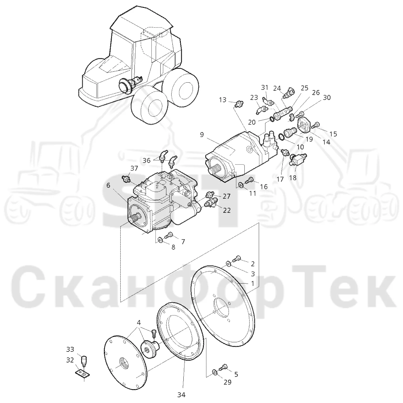 Схема: Valmet / Форвардер / Valmet 840.2 / Valmet 840.2 Ch. -211120 / Valmet 840.2 Ch. -211120 / Каталог запасных частей / Гидравлика / Гидравлические насосы / Насосная установка 110cc