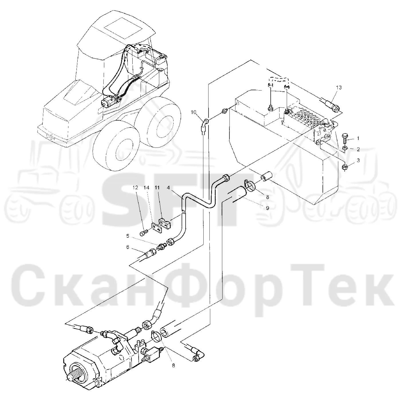 Схема: Valmet / Форвардер / Valmet 840.2 / Valmet 840.2 Ch. -211120 / Valmet 840.2 Ch. -211120 / Каталог запасных частей / Гидравлика / Гидравлические насосы / Подвод шланга