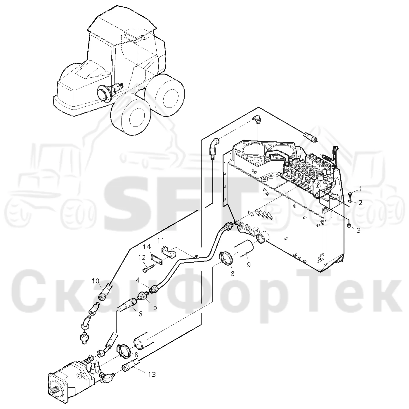 Схема: Valmet / Форвардер / Valmet 840.2 / Valmet 840.2 Ch. 211121- / Valmet 840.2 Ch. 211121- / Каталог запасных частей / Гидравлика / Гидравлические насосы / Подвод шланга