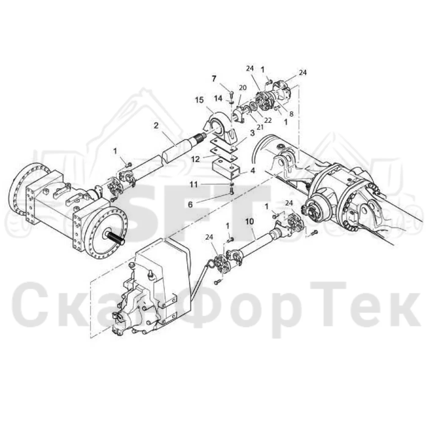 Схема: Komatsu / Лесозаготовительные машины / 901TX .1 / Каталог запасных частей / Коробка передач / Силовая трансмиссия / Поезд с приводом 6-ти колесный