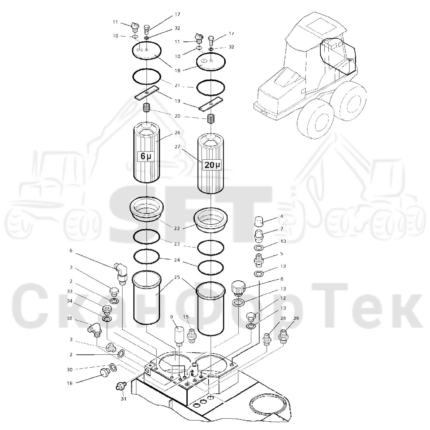 Схема: Valmet / Форвардер / Valmet 840.2 / Valmet 840.2 Ch. -211120 / Valmet 840.2 Ch. -211120 / Каталог запасных частей / Гидравлика / Бак гидравлики / Корпус фильтра