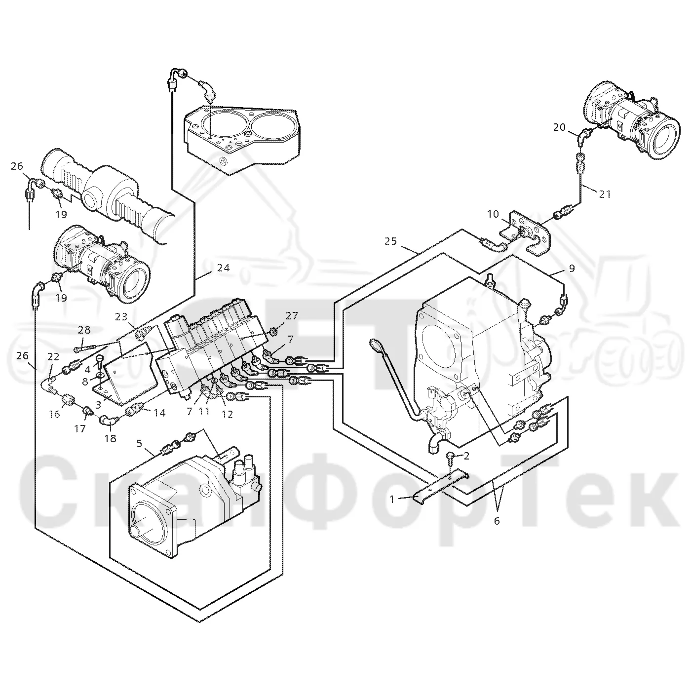 Схема: Valmet / Форвардер / Valmet 860.1 / Valmet 860.1 Ch. 115421- / Valmet 860.1 Ch. 115421- / Каталог запасных частей / Гидравлика / Клапан обслуживания / Клапан обслуживания