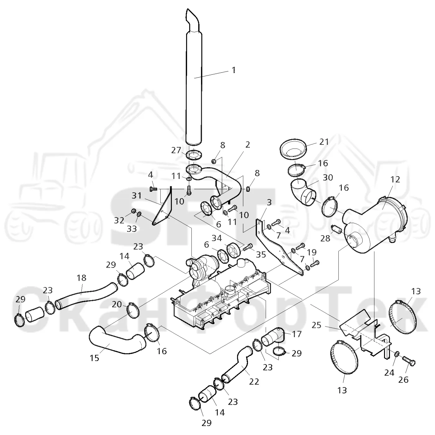 Схема: Valmet / Форвардер / Valmet 840.2 / Valmet 840.2 Ch. 211121- / Valmet 840.2 Ch. 211121- / Каталог запасных частей / Двигатель / Впуск - выпуск / Система впуска и выхлопа