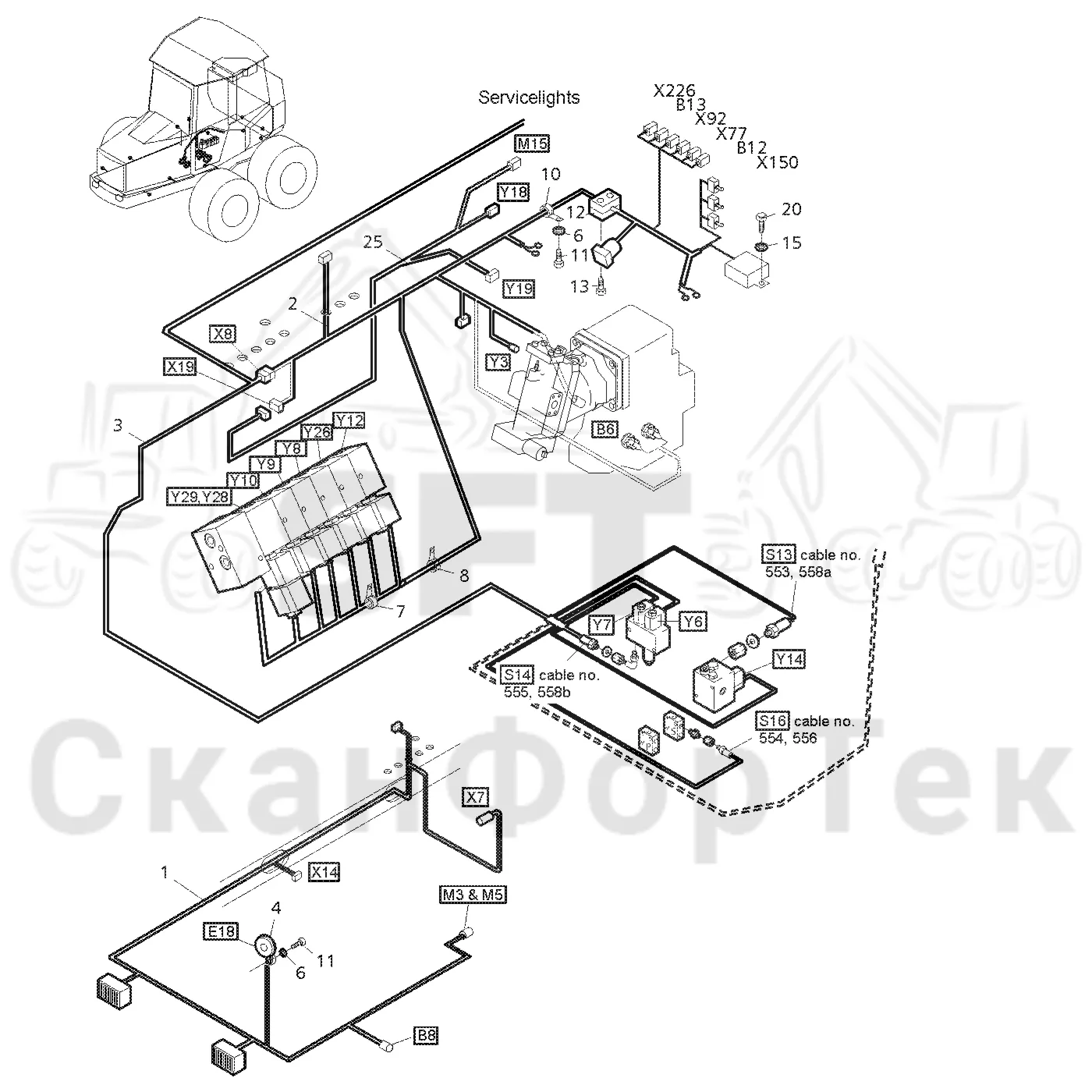 Схема: Valmet / Форвардер / Valmet 860.1 / Valmet 860.1 Ch. 115421- / Valmet 860.1 Ch. 115421- / Каталог запасных частей / шасси / Электрический Оборудование / Комплект кабелей передней рамы