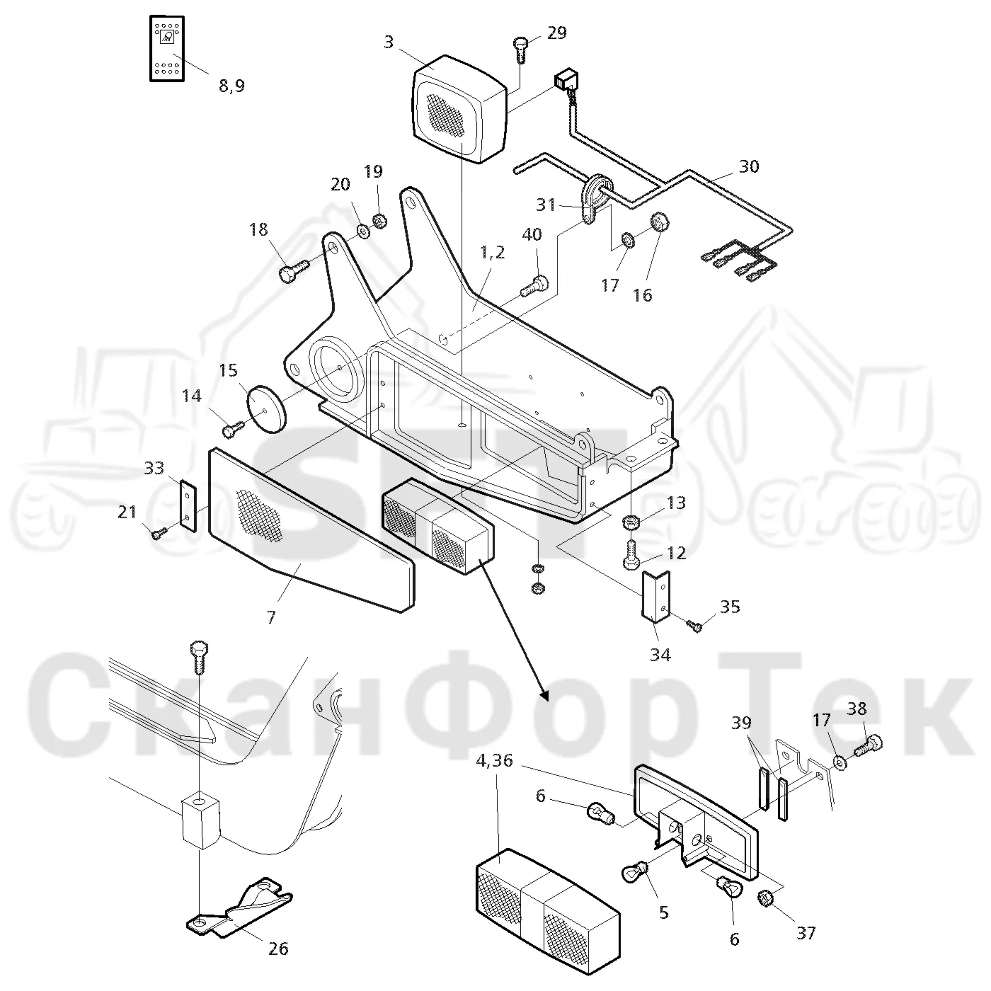 Схема: Valmet / Форвардер / Valmet 860.1 / Valmet 860.1   Ch. 115421- / Valmet 860.1  Ch. 115421- / Каталог запасных частей / шасси / Электрический Оборудование / Рабочие лампы, галогеновые  115591-