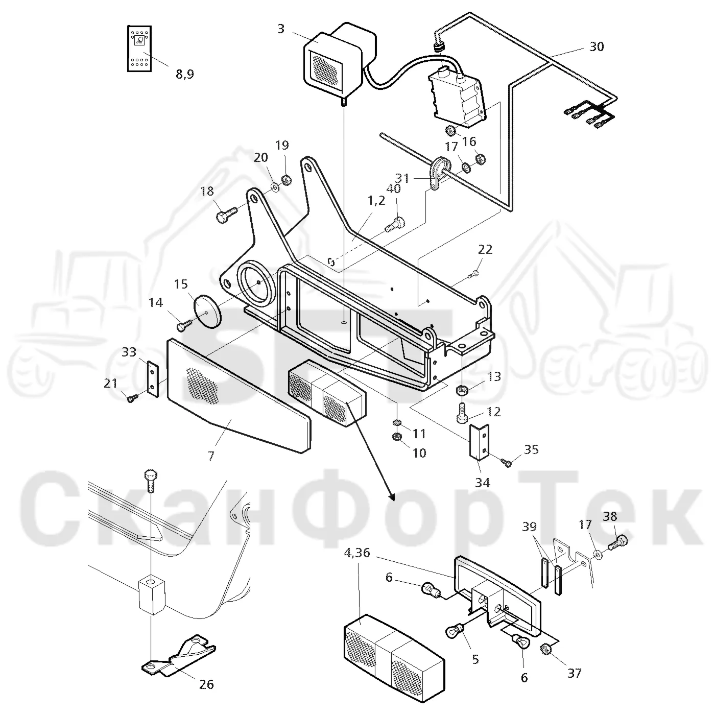 Схема: Valmet / Форвардер / Valmet 860.1 / Valmet 860.1 Ch. 115421- / Valmet 860.1 Ch. 115421- / Каталог запасных частей / шасси / Электрический Оборудование / Рабочие лампы, ксеноновые 115591-