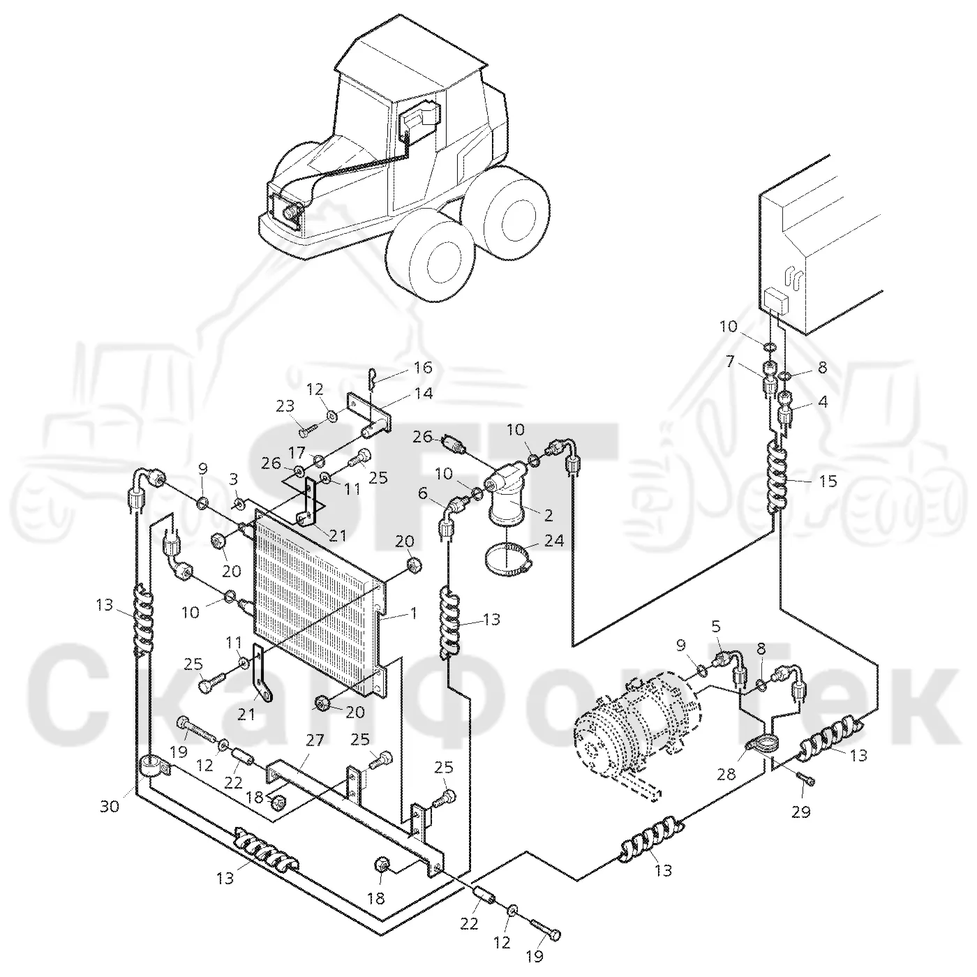 Схема: Valmet / Форвардер / Valmet 860.1 / Valmet 860.1 Ch. 115421- / Valmet 860.1 Ch. 115421- / Каталог запасных частей / Кабина / Система обогрева и охлаждения / Агрегат кондиционирования воздуха