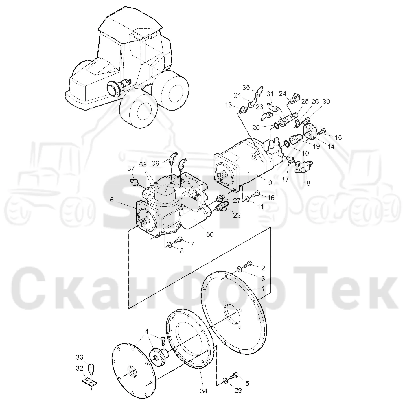 Схема: Valmet / Форвардер / Valmet 860.1 / Valmet 860.1 Ch. 115421- / Valmet 860.1 Ch. 115421- / Каталог запасных частей / Гидравлика / Гидравлические насосы / Насосная установка 140cc