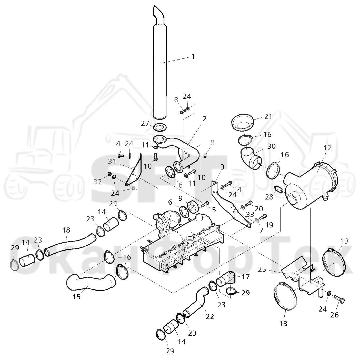 Схема: Valmet / Форвардер / Valmet 840.3 / Valmet 840.3 Ch. -311173 / Valmet 840.3 Ch. -311173 / Каталог запасных частей / Двигатель / Впуск - выпуск / Система впуска и выхлопа