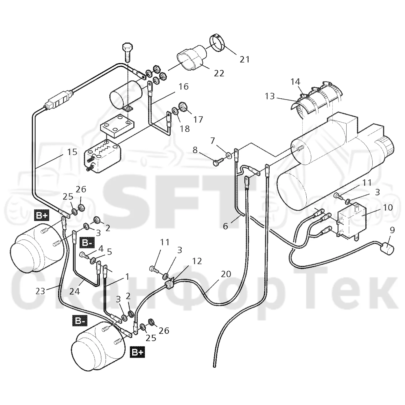 Схема: Valmet / Форвардер / Valmet 840.3 / Valmet 840.3 Ch. -311173 / Valmet 840.3 Ch. -311173 / Каталог запасных частей / Двигатель / Генератор переменного тока / Комплект электрооборудования генератора