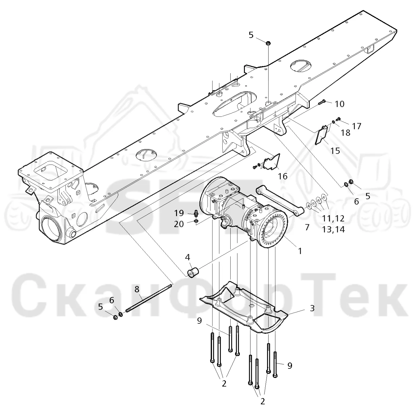 Схема: Valmet / Форвардер / Valmet 840.3 / Valmet 840.3 Ch. 311174- / Valmet 840.3 Ch. 311174- / Каталог запасных частей / Коробка передач / Мост каретки / Задний агрегат каретки