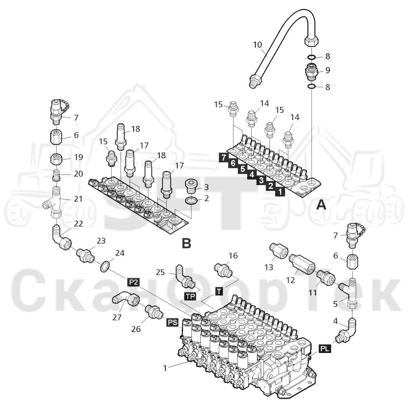 Схема: Valmet / Форвардер / Valmet 840.3 / Valmet 840.3 Ch. 311174- / Valmet 840.3 Ch. 311174- / Каталог запасных частей / Гидравлика / Узел клапана / Узел клапана