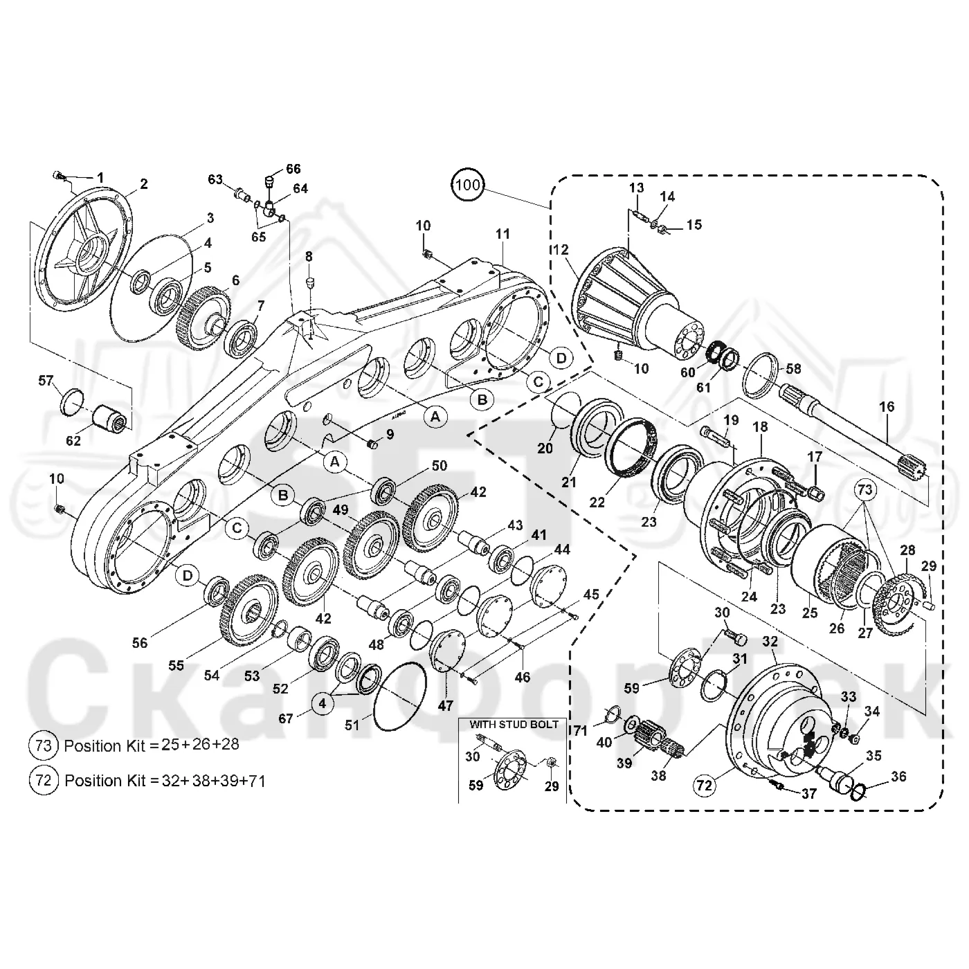Схема: Valmet / Лесозаготовительные машины / Valmet 901.3 / Valmet 901.3 Ch. 311191- / Valmet 901.3 Ch. 311191- / Каталог запасных частей / Коробка передач / Мост каретки / Корпус каретки