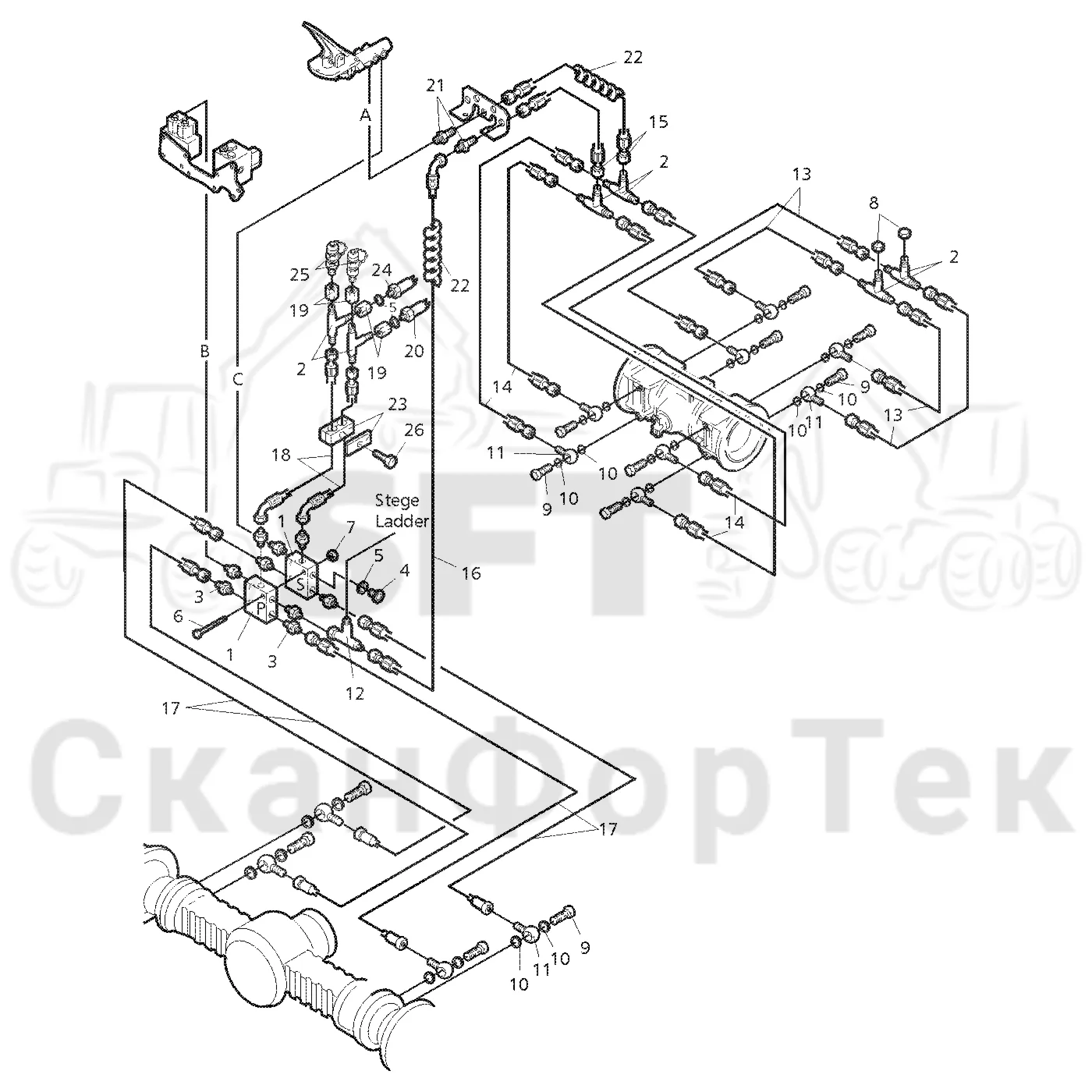 Схема: Valmet / Форвардер / Valmet 860.1 / Valmet 860.1 Ch. -115420 / Valmet 860.1 Ch. -115420 / Каталог запасных частей / Тормоза / Тормоза на 6 колес / Тормозная система