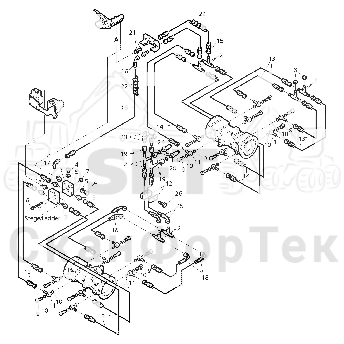 Схема: Valmet / Форвардер / Valmet 860.1 / Valmet 860.1 Ch. 115421- / Valmet 860.1 Ch. 115421- / Каталог запасных частей / Тормоза / Тормоза на 8 колес / Тормозная система