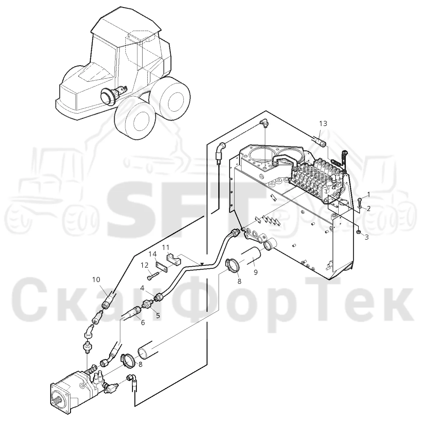 Схема: Valmet / Форвардер / Valmet 860.1 / Valmet 860.1   Ch. 115421- / Valmet 860.1  Ch. 115421- / Каталог запасных частей / Гидравлика / Гидравлические насосы / Подвод шланга