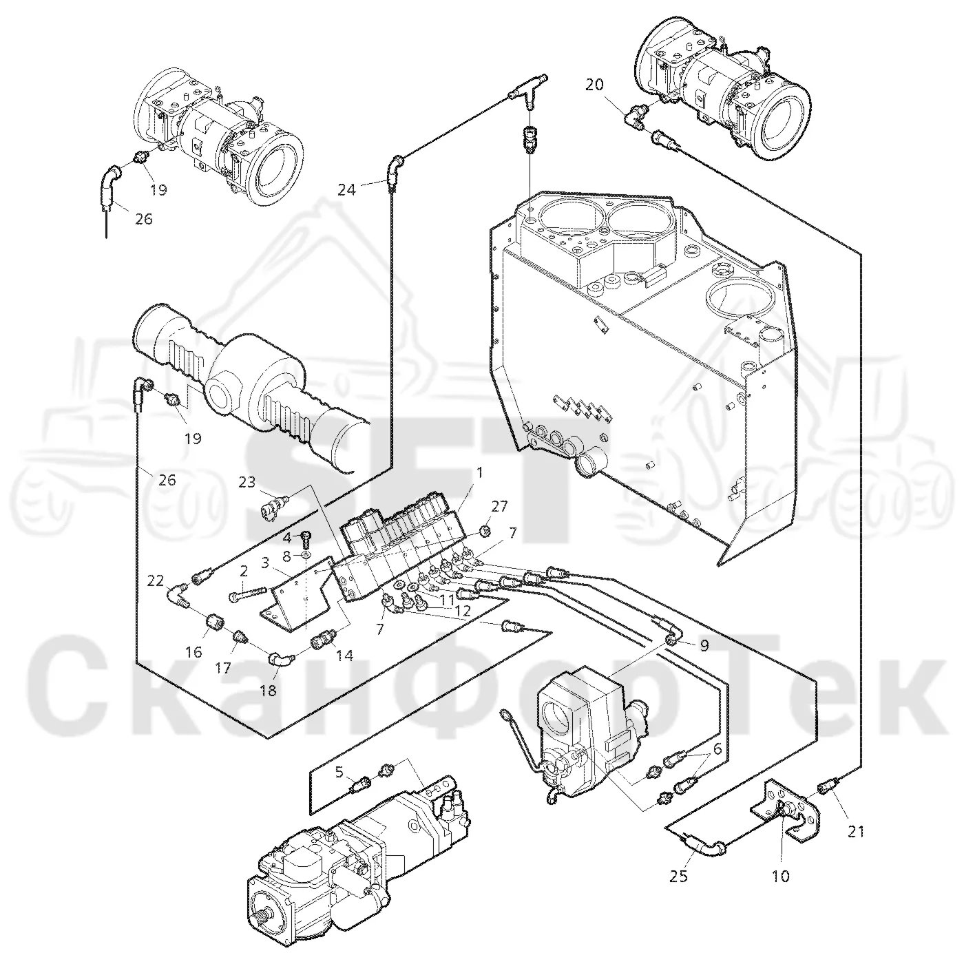 Схема: Valmet / Форвардер / Valmet 860.1 / Valmet 860.1 Ch. -115420 / Valmet 860.1 Ch. -115420 / Каталог запасных частей / Гидравлика / Клапан обслуживания / Клапан обслуживания