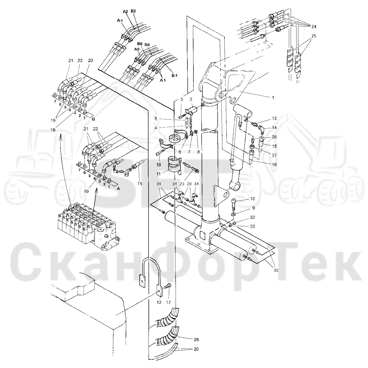 Схема: Valmet / Форвардер / Valmet 860.1 / Valmet 860.1 Ch. 115421- / Valmet 860.1 Ch. 115421- / Каталог запасных частей / Подъемный кран / Подвод шланга / Подвод шланга к подъемному крану CRF 8