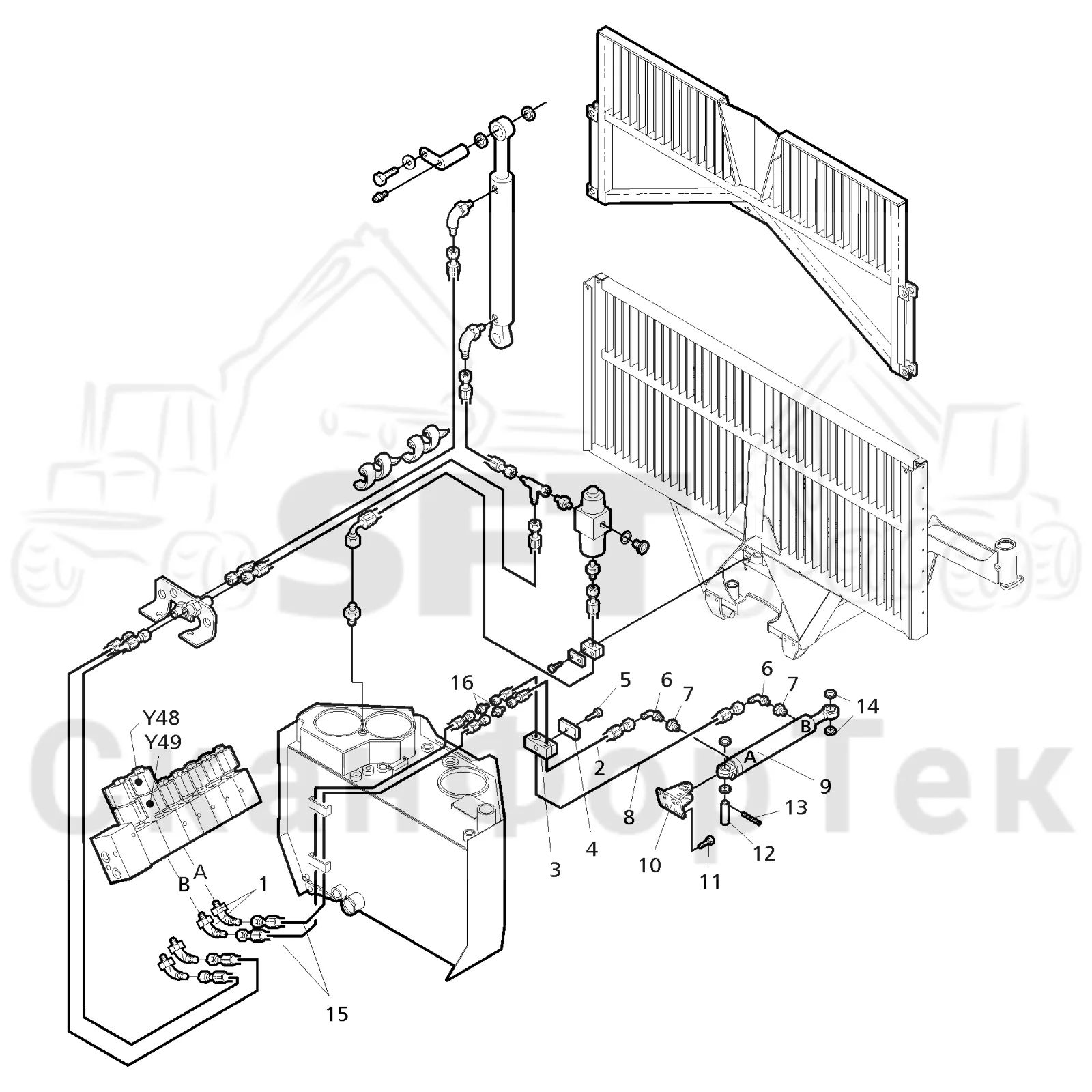 Схема: Valmet / Форвардер / Valmet 860.1 / Valmet 860.1 Ch. -115420 / Valmet 860.1 Ch. -115420 / Каталог запасных частей / шасси / Зона погрузки / Gate hydraulic movable / Gate movable hydraulics
