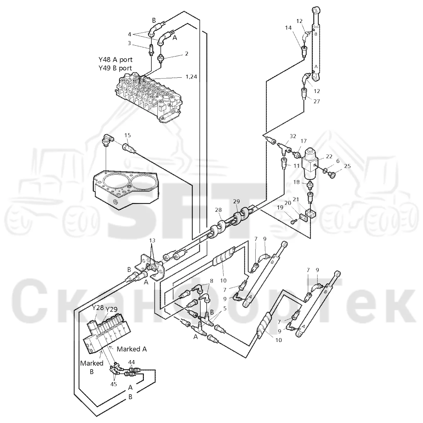 Схема: Valmet / Форвардер / Valmet 860.1 / Valmet 860.1 Ch. 115421- / Valmet 860.1 Ch. 115421- / Каталог запасных частей / шасси / Зона погрузки / Gate hydraulic movable / Gate expanding hydraulics